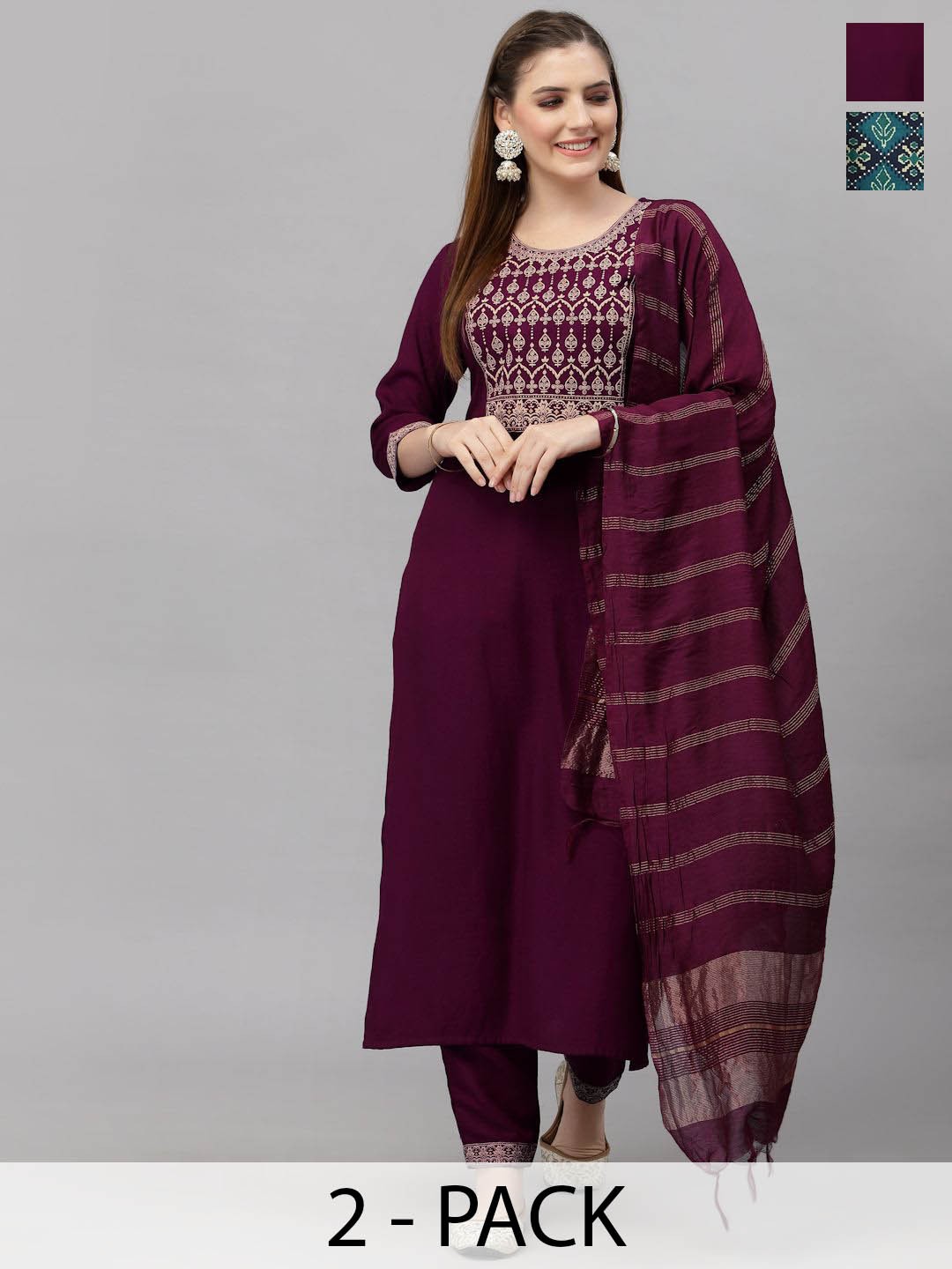 

KALINI Selection Of 2 Ethnic Motifs Embroidered Straight Kurtas With Trousers And Dupattas, Maroon