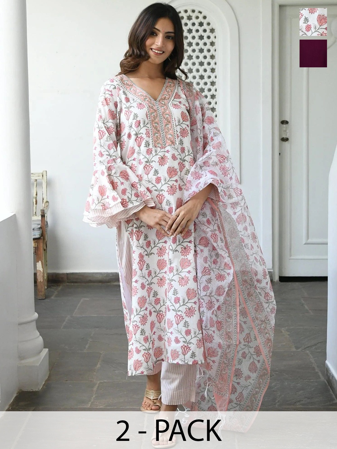 

KALINI Selection Of 2 Floral Printed V-Neck Straight Kurtas With Trousers And Dupattas, Burgundy