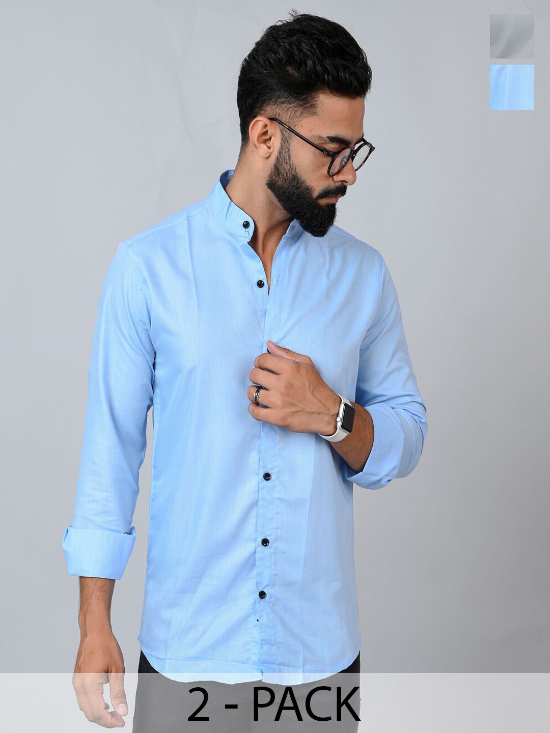 

Tanip Men Pack Of 2 Band Collar Solid Cotton Casual Shirts, Blue