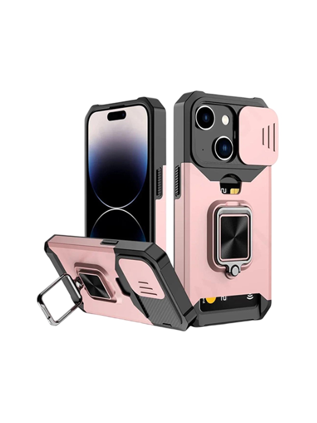 

Luxury Kase LK177 Camera Slide Protection Ring Magnetic Kickstand iPhone 15 Back Case, Rose gold