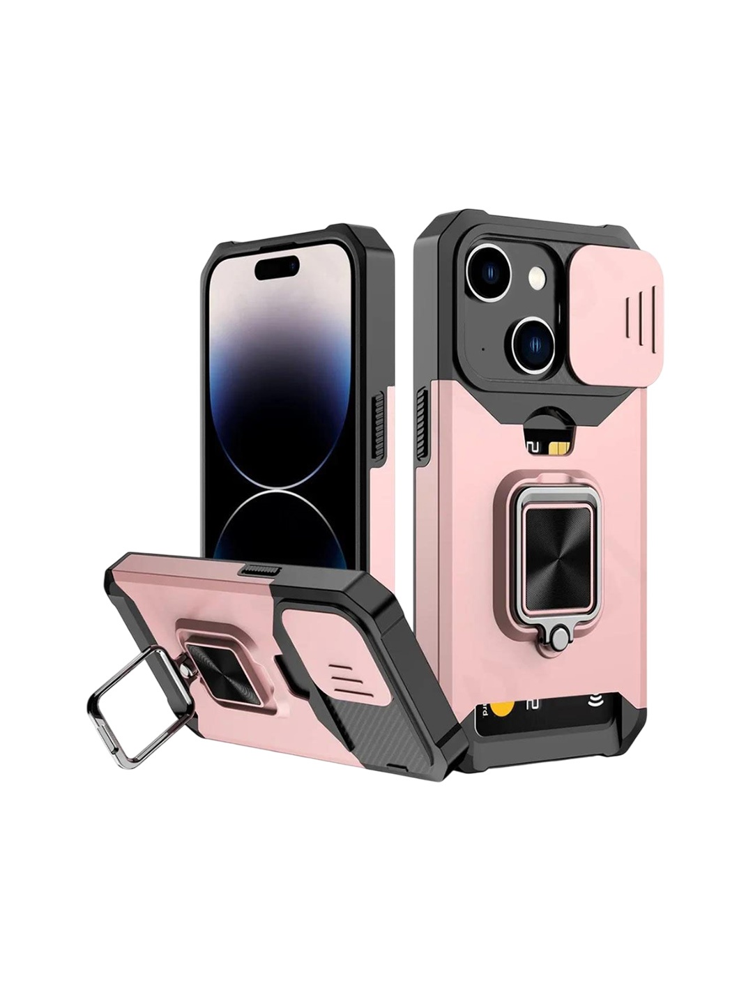 

Luxury Kase LK177 Camera Slide Protection Ring Magnetic Kickstand iPhone 14 Plus Back Case, Rose gold