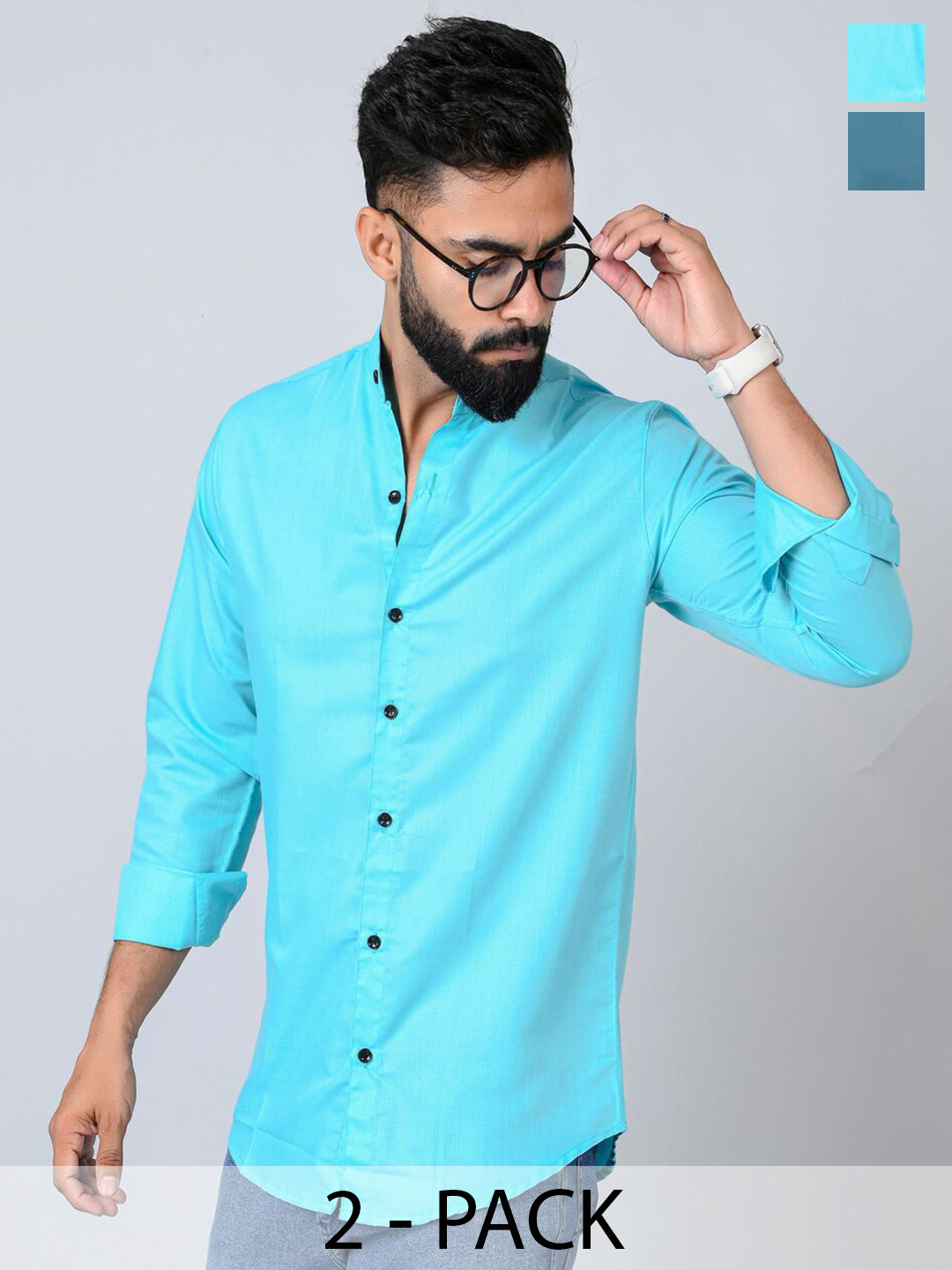 

Tanip Men Pack Of 2 Band Collar Solid Cotton Casual Shirts, Turquoise blue