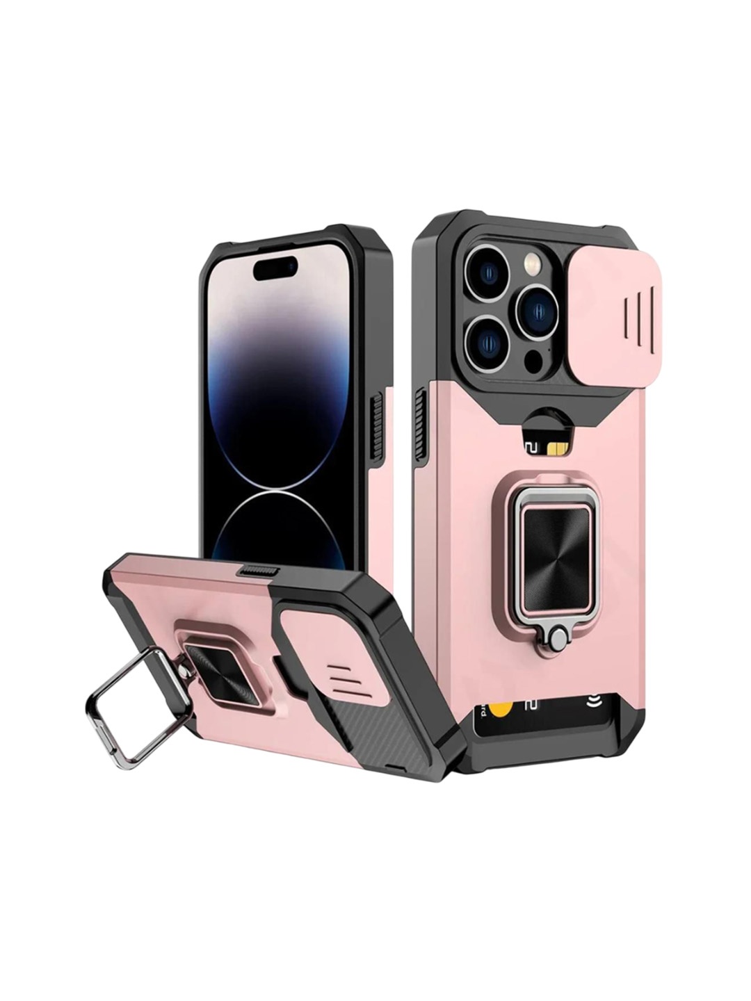 

Luxury Kase LK177 Camera Slide Protection Ring Magnetic Kickstand iPhone 15 Pro Back Case, Rose gold