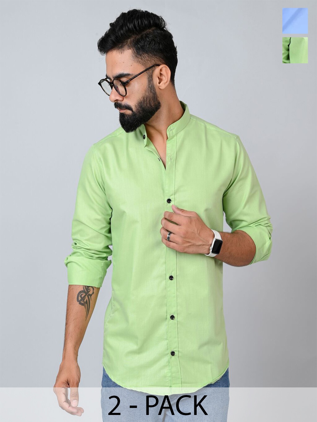 

Tanip Men Pack Of 2 Band Collar Solid Cotton Casual Shirts, Blue