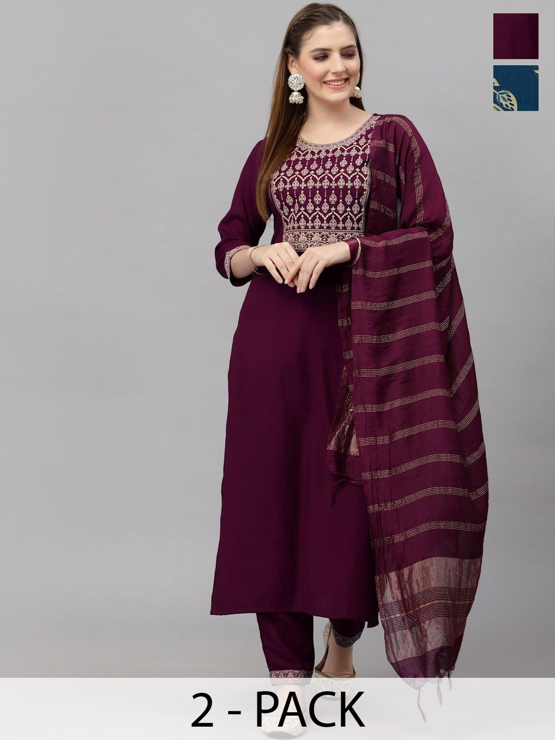 

KALINI Selection Of 2 Ethnic Motifs Printed V-Neck Kurta with Trousers & Dupatta, Maroon