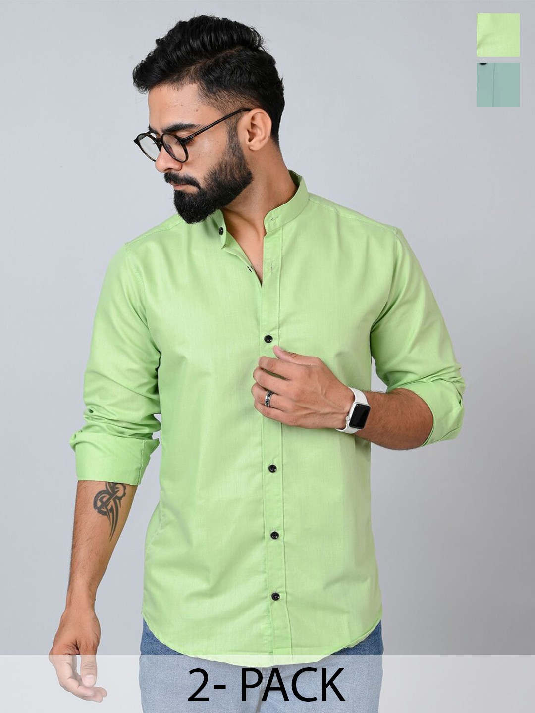 

Tanip Men Pack Of 2 Band Collar Solid Cotton Casual Shirts, Green