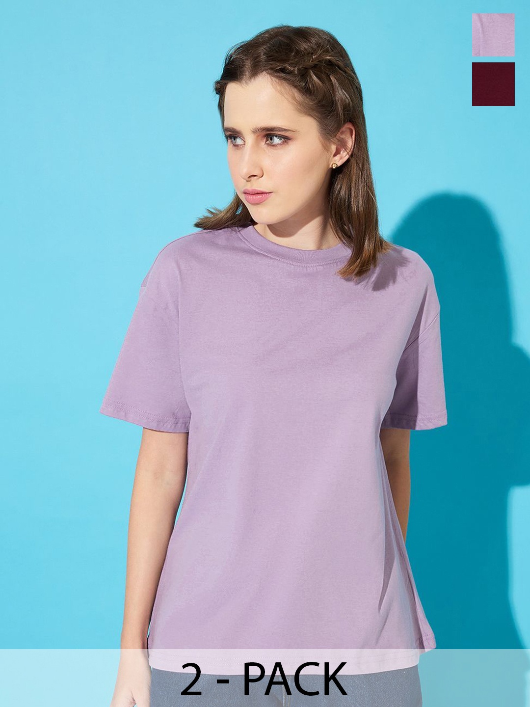 

The Roadster Lifestyle Co. Women Pack Of 2 Solid Round Neck Cotton Relaxed Fit T-shirts, Lavender
