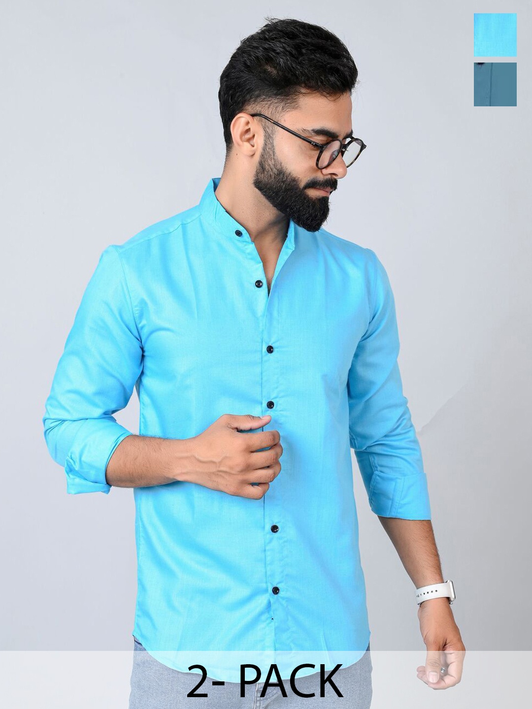 

Tanip Men Pack Of 2 Band Collar Solid Cotton Casual Shirts, Turquoise blue