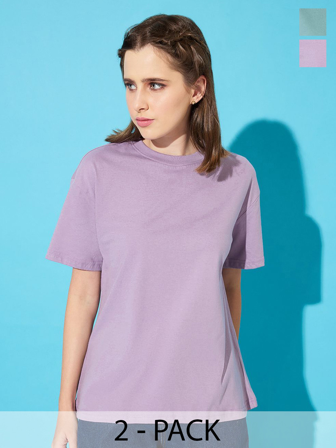 

The Roadster Lifestyle Co. Women Pack Of 2 Solid Round Neck Cotton Relaxed Fit T-shirts, Lavender