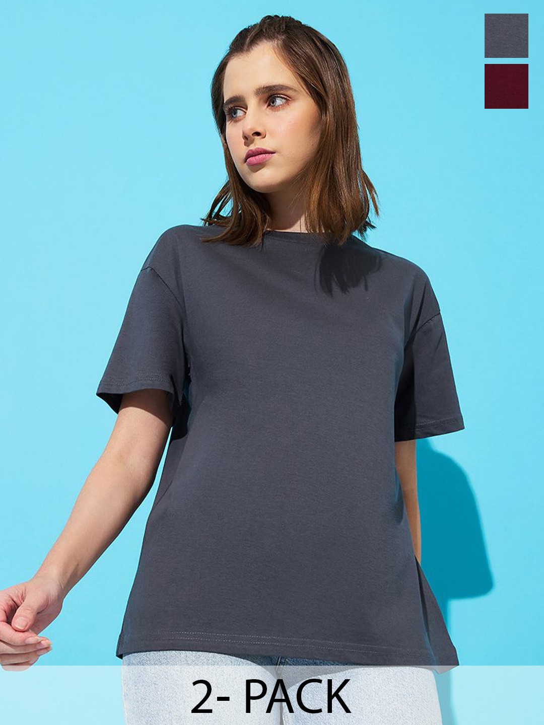 The Roadster Lifestyle Co. Women Pack Of 2 Solid Round Neck Cotton Relaxed Fit T-shirts, Maroon
