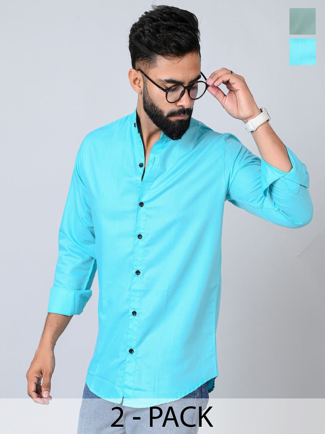 

Tanip Men Pack Of 2 Band Collar Solid Cotton Casual Shirts, Green