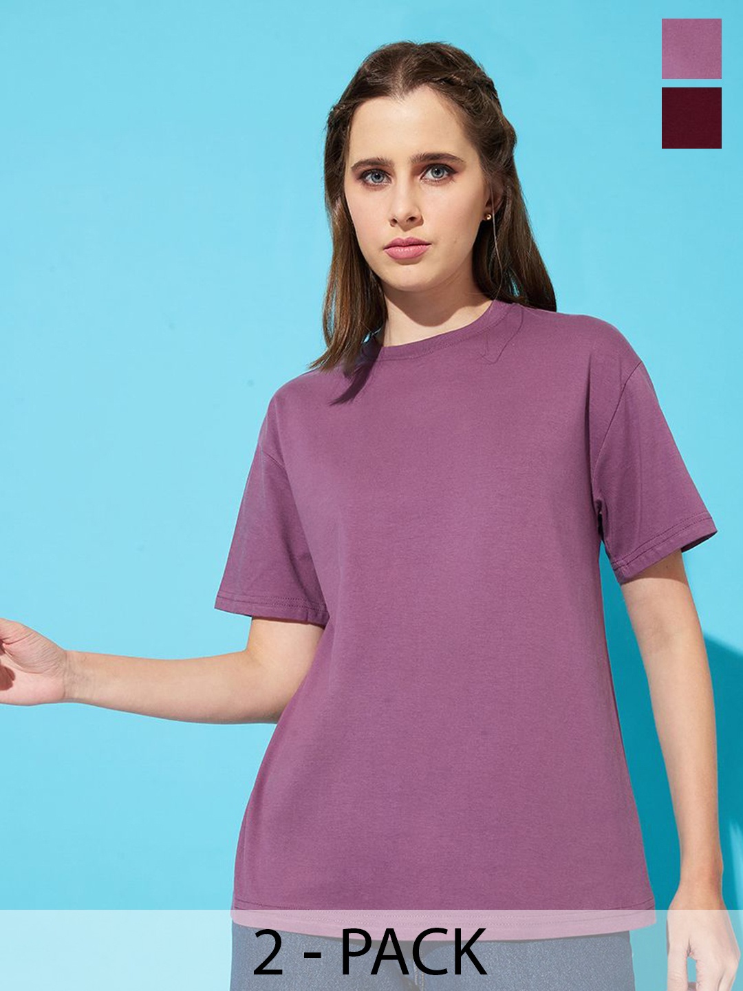 

The Roadster Lifestyle Co. Women Pack Of 2 Solid Round Neck Cotton Relaxed Fit T-shirts, Maroon