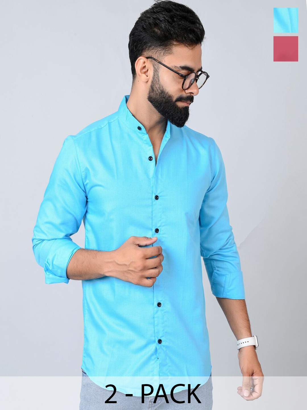 

Tanip Men Pack Of 2 Band Collar Solid Cotton Casual Shirts, Pink