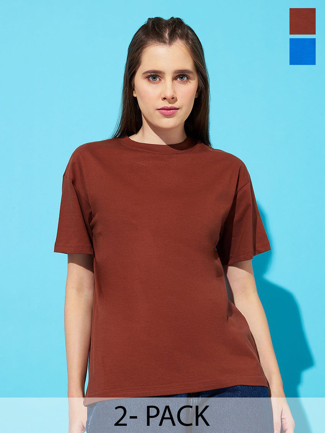 

The Roadster Lifestyle Co. Women Pack Of 2 Solid Round Neck Cotton Relaxed Fit T-shirts, Brown
