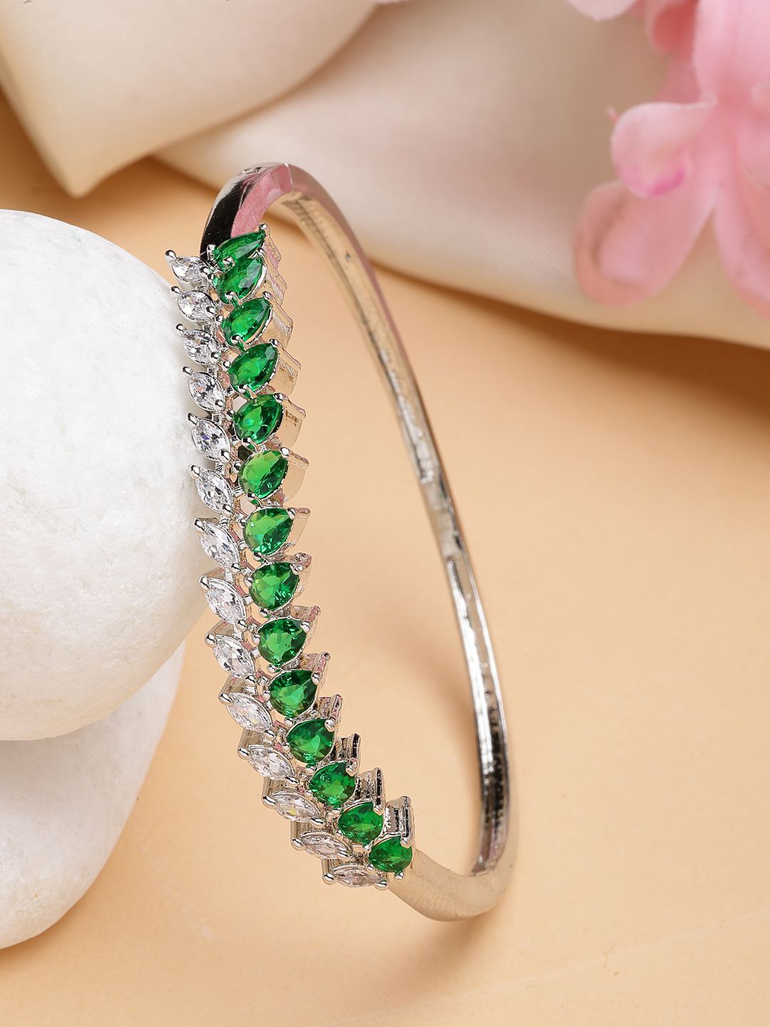 

ZENEME Rhodium-Plated Cubic Zirconia Studded Kada Bracelet, Green