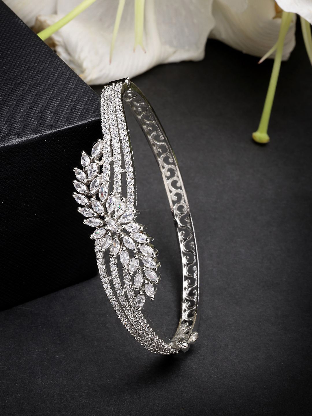 

ZENEME Rhodium Plated Floral Silver Toned Radiance Kada Bracelet, White