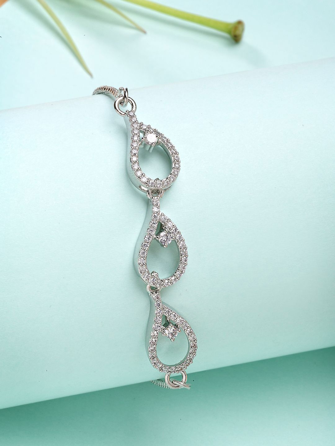 

ZENEME Rhodium-Plated Cubic Zirconia Studded Charm Bracelet, White