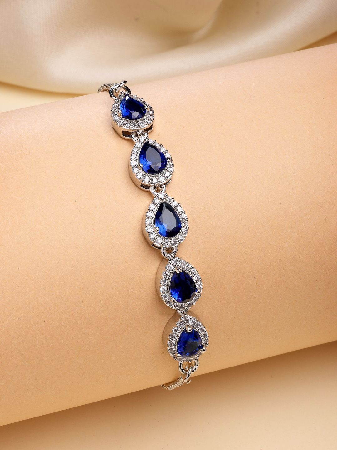 

ZENEME Rhodium-Plated Cubic Zirconia Studded Charm Bracelet, Blue