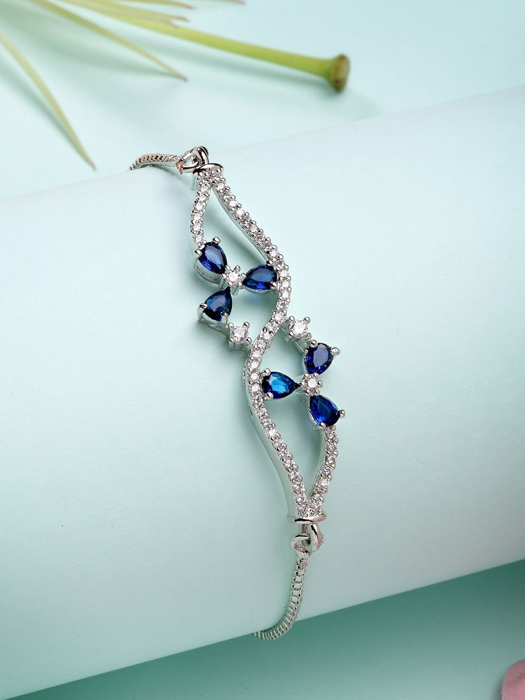 

ZENEME Rhodium-Plated American Diamond Studded Charm Bracelet, Blue