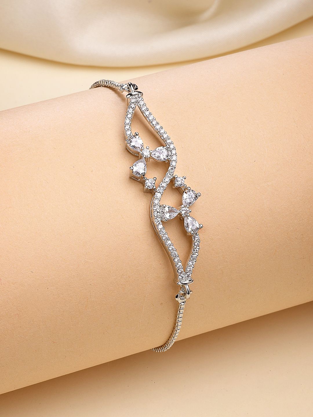 

ZENEME Rhodium-Plated American Diamond Studded Charm Bracelet, White