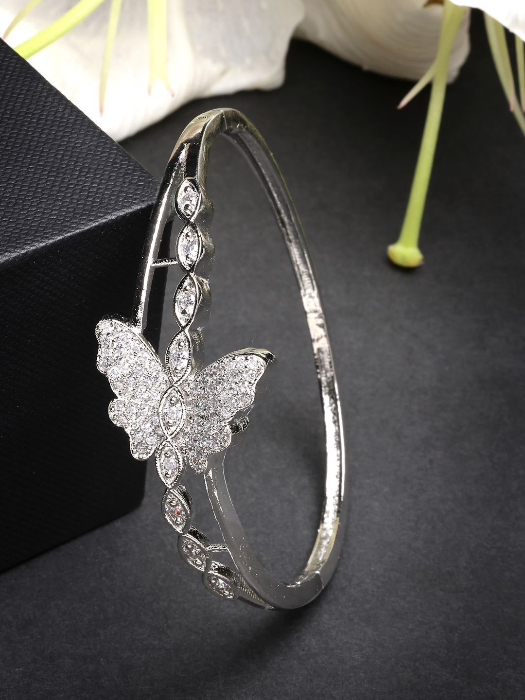 

ZENEME Rhodium Plated Silver Toned Butterfly Elegance Kada Bracelet, White