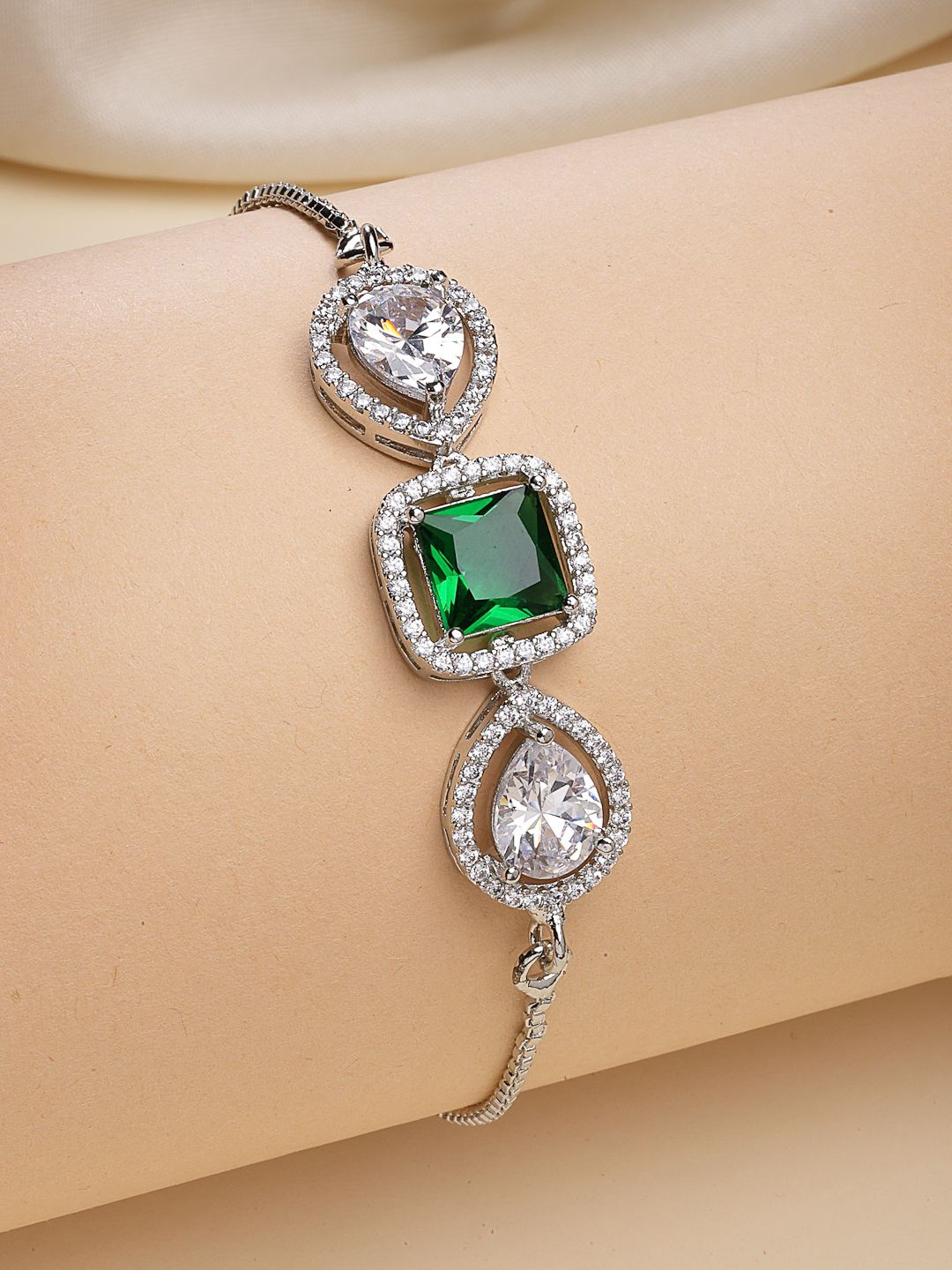 

ZENEME Rhodium-Plated Cubic Zirconia Studded Charm Bracelet, Silver