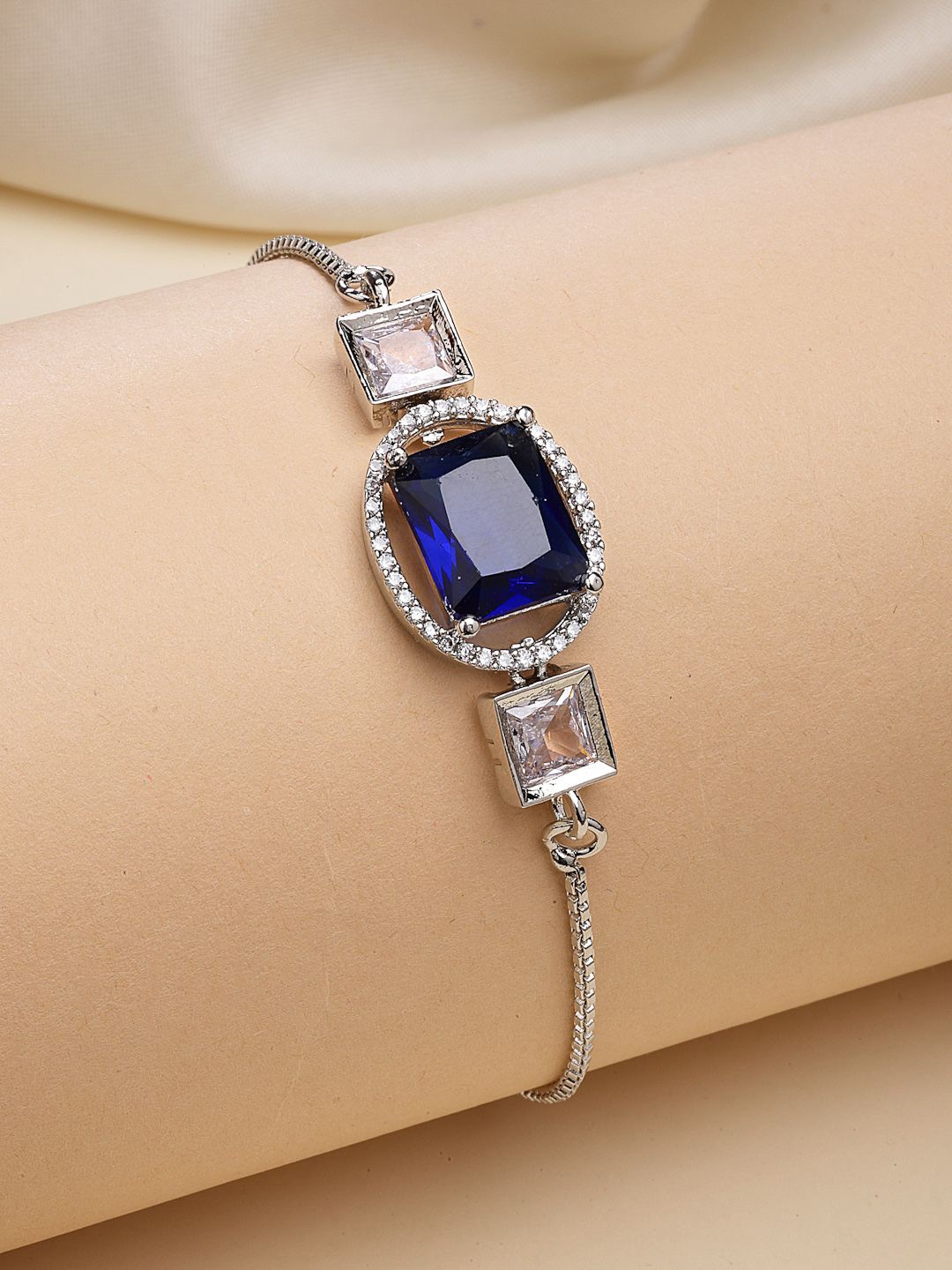 

ZENEME Rhodium-Plated Cubic Zirconia Studded Charm Bracelet, Blue