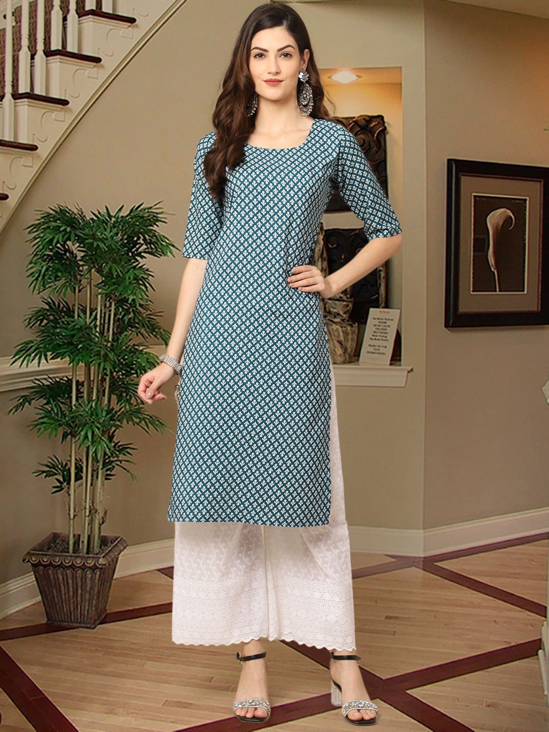 7Threads Women Ethnic Motifs Printed Thread Work Floral Crepe Kurta, Blue