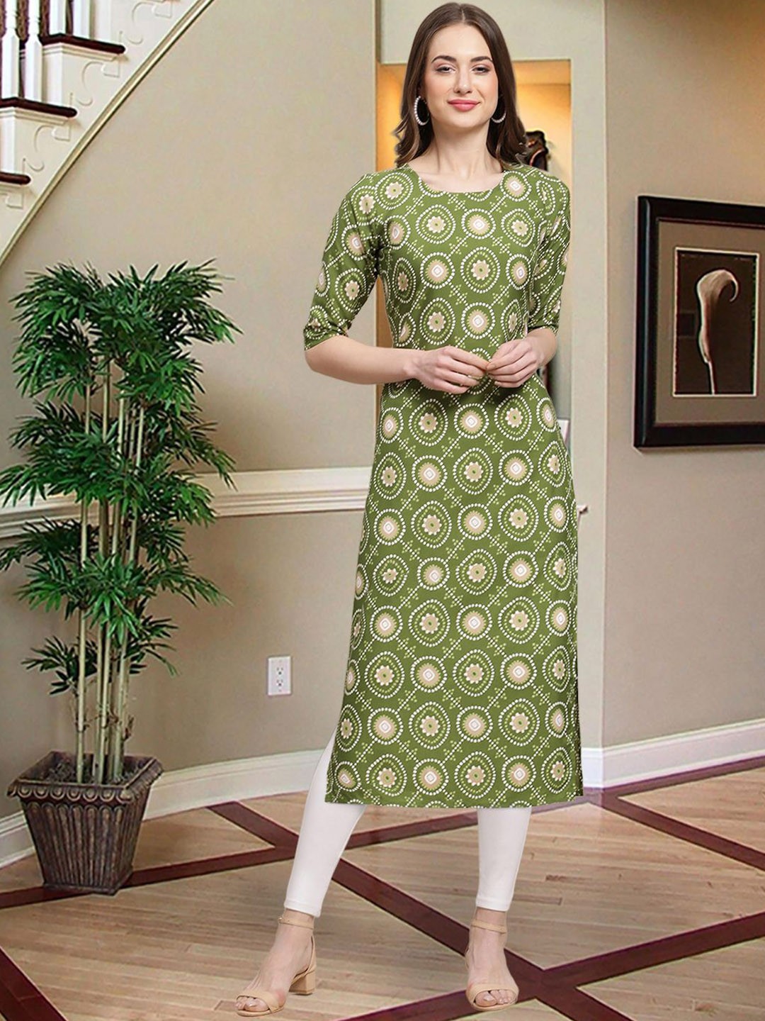 7Threads Ethnic Motifs Printed Round Neck Crepe Straight Kurta, Green