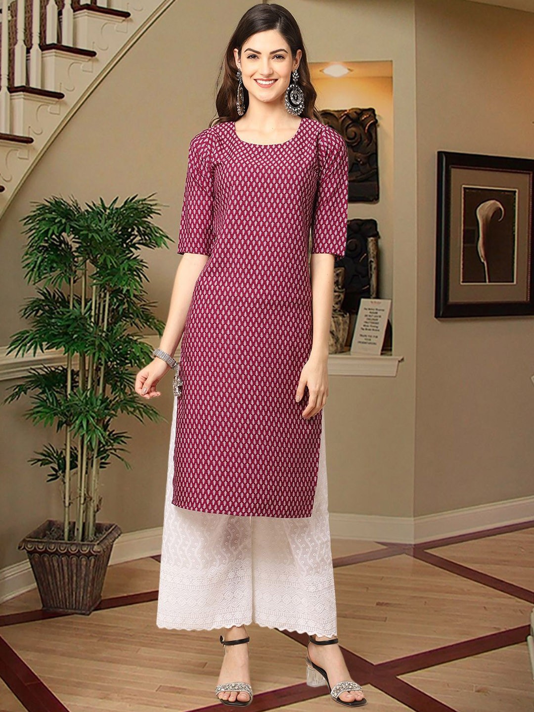 

7Threads Ethnic Motifs Printed Round Neck Crepe Straight Kurta, Purple