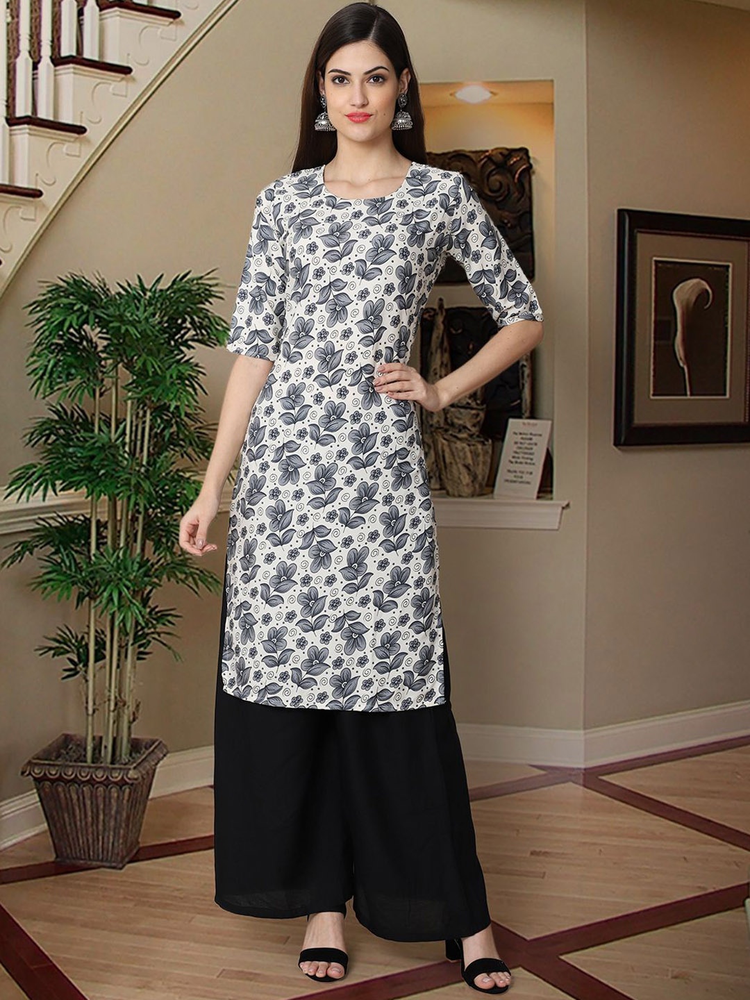 

7Threads Women Ethnic Motifs Printed Thread Work Floral Crepe Kurta, Grey