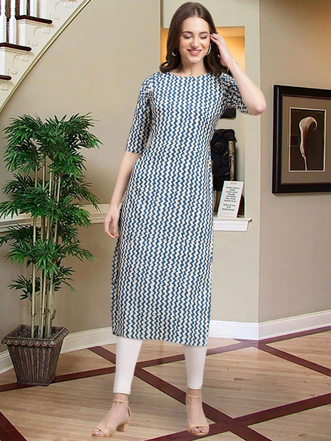 

7Threads Chevron Printed Round Neck Crepe Straight Kurta, White