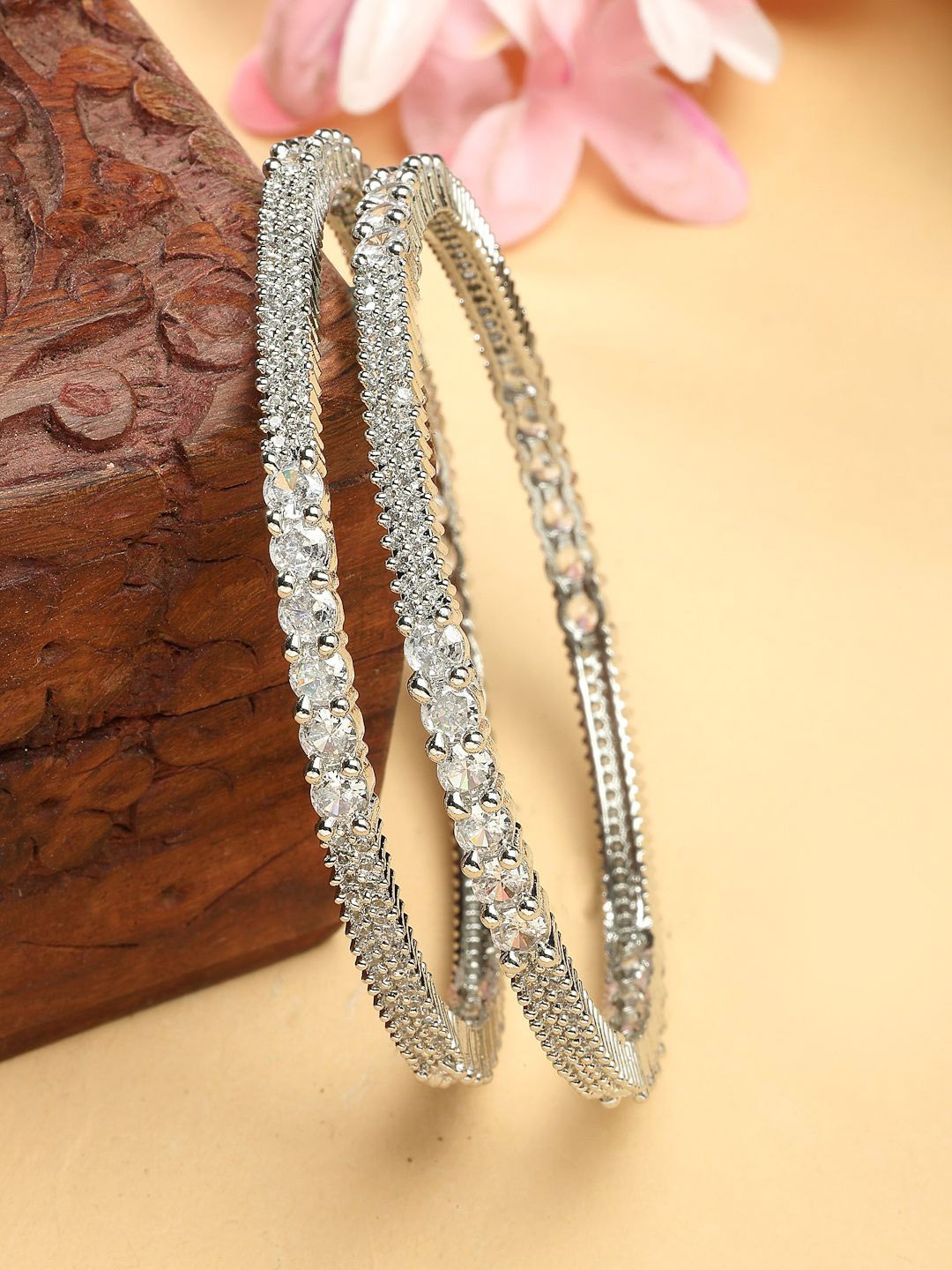 

ZENEME Women Set Of 2 Rhodium-Plated Multicolor Gemstone Halo Round Bangles, Silver
