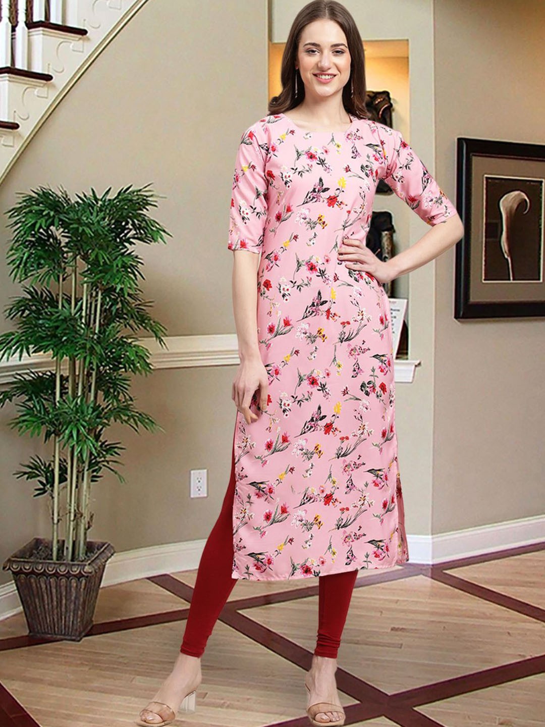 

7Threads Floral Printed Round Neck Crepe Straight Kurta, Pink