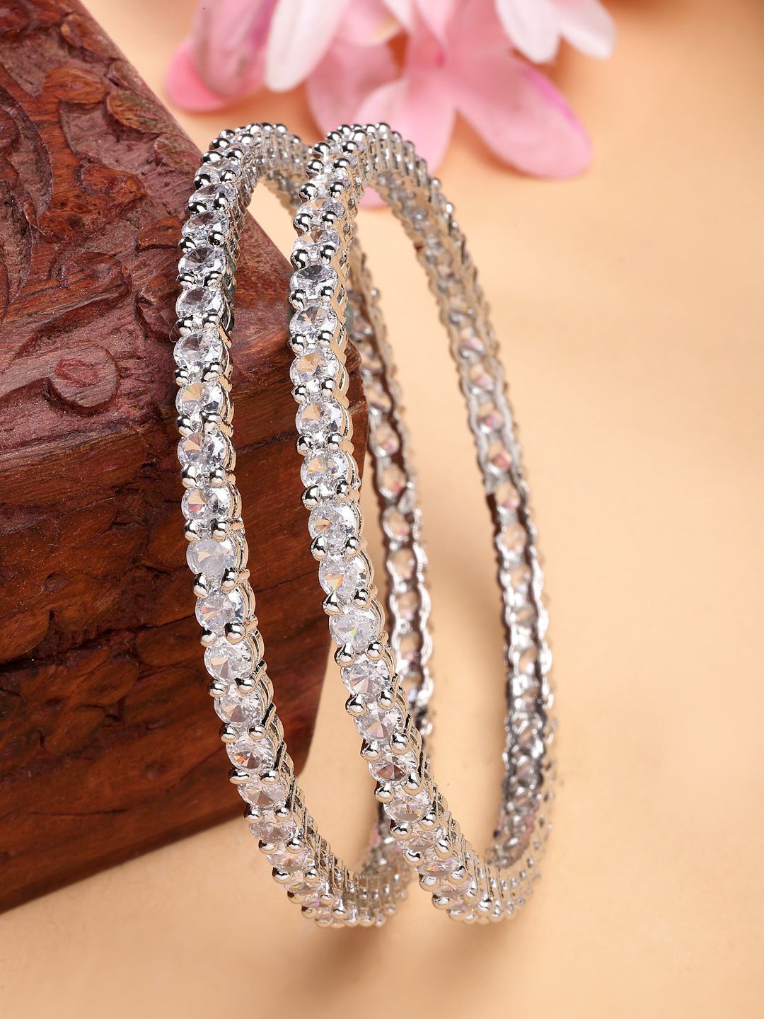 

ZENEME Women Set Of 2 Rhodium-Plated White Crystal Luxe AD Bangles, Silver