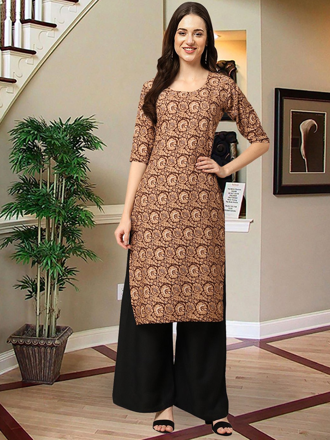 

7Threads Floral Printed Round Neck Crepe Straight Kurta, Beige