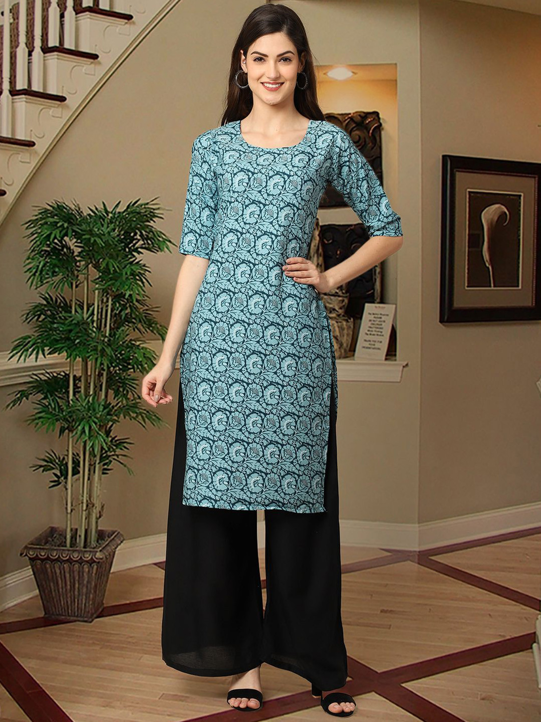 

7Threads Floral Printed Round Neck Crepe Straight Kurta, Teal