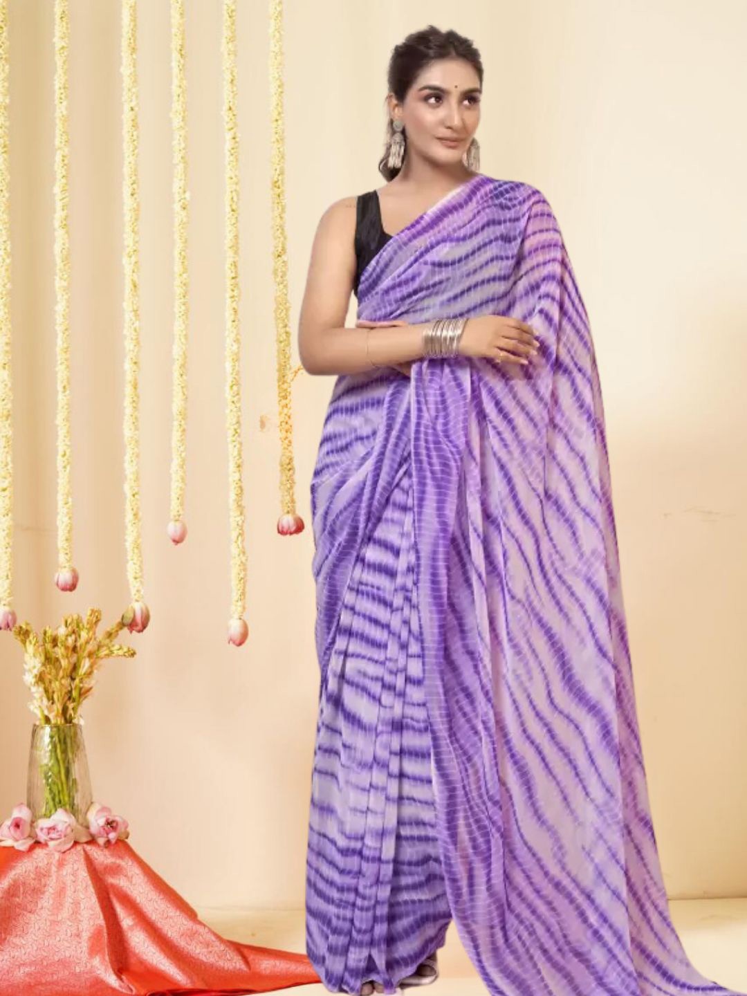 

KAZIA Pure Georgette Leheriya Saree, Purple
