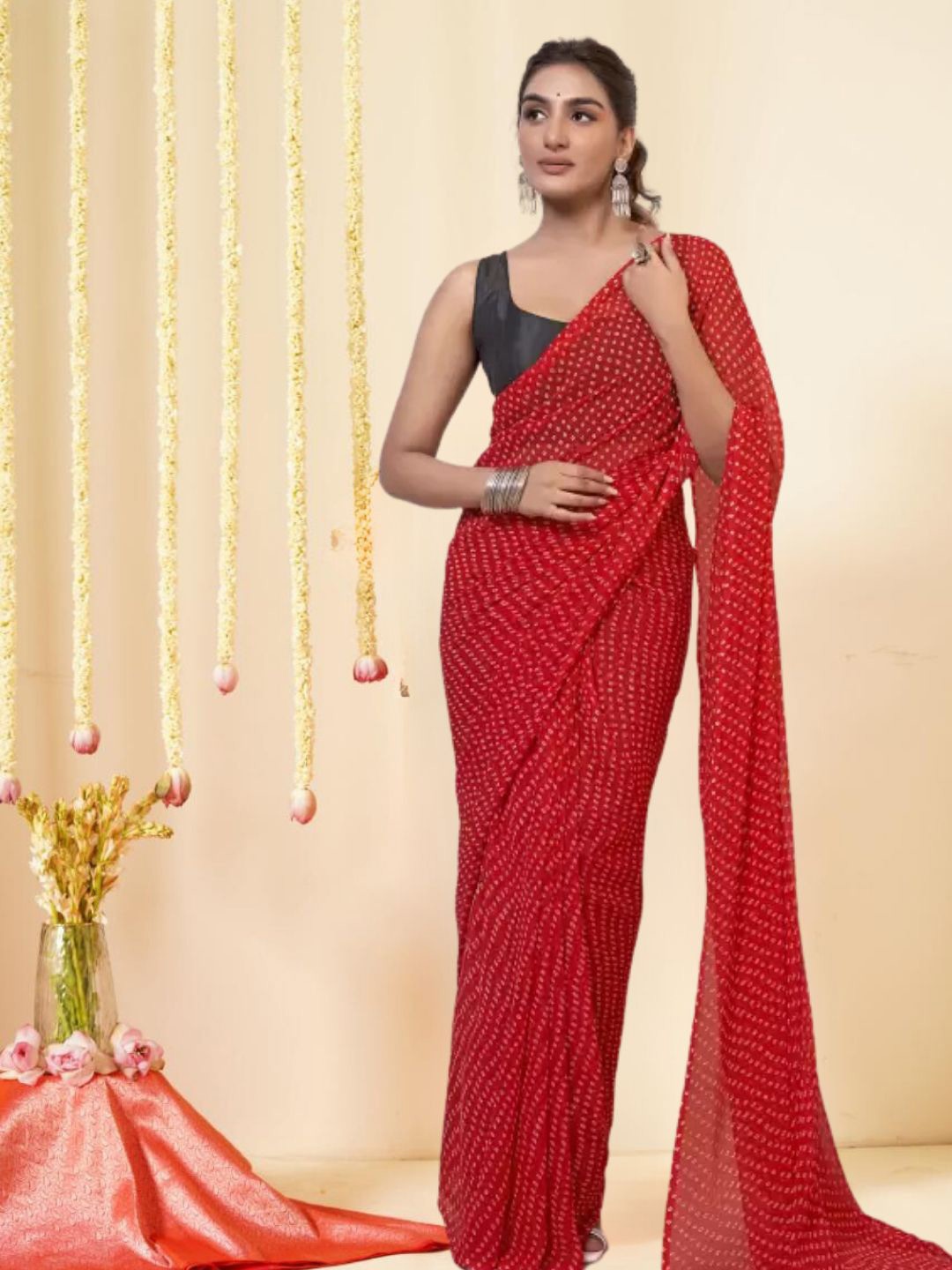 

KAZIA Pure Georgette Ready to Wear Bandhani Saree, Red