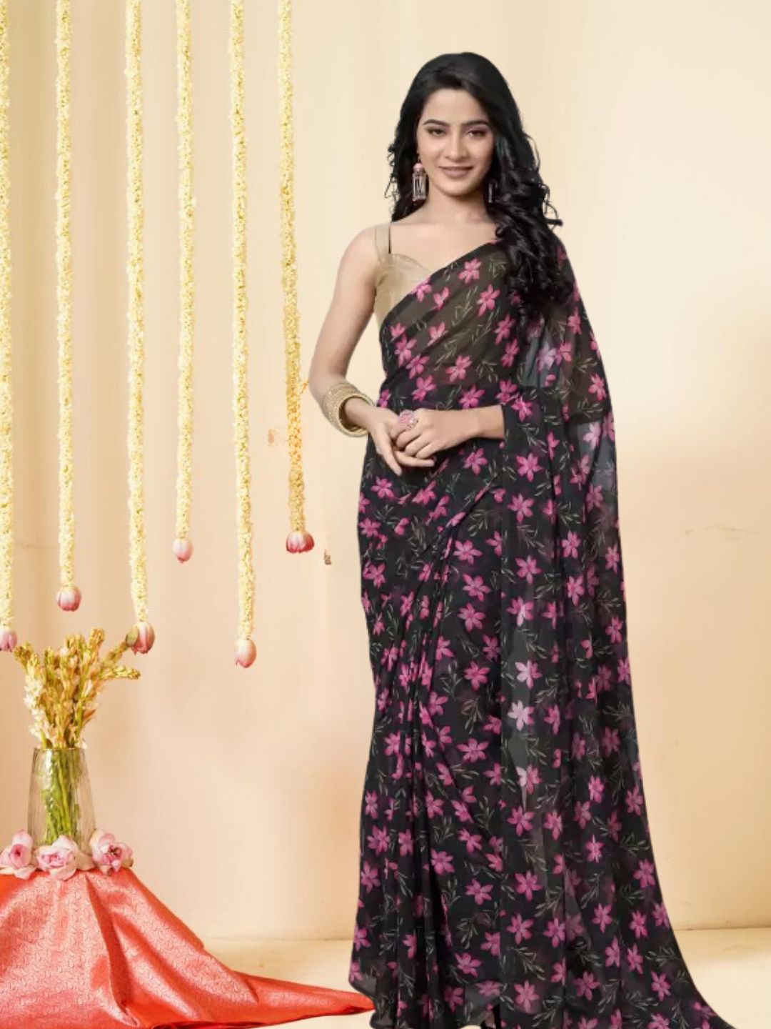 

KAZIA Floral Pure Georgette Banarasi Saree, Black
