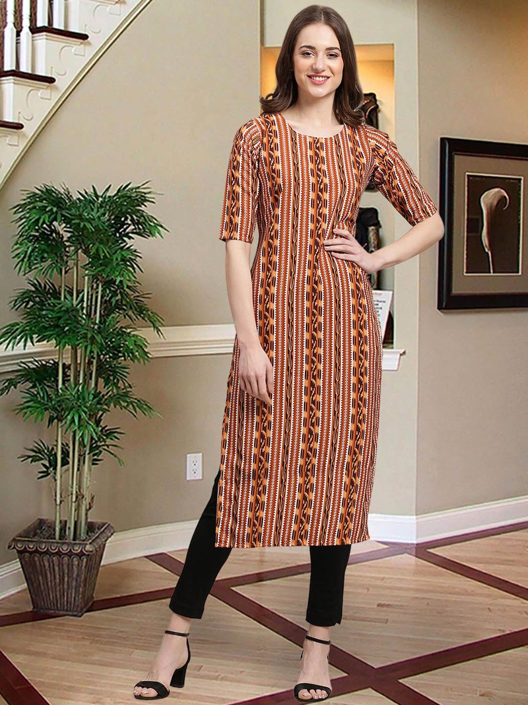 7Threads Geometric Printed Crepe Straight Kurta, Brown
