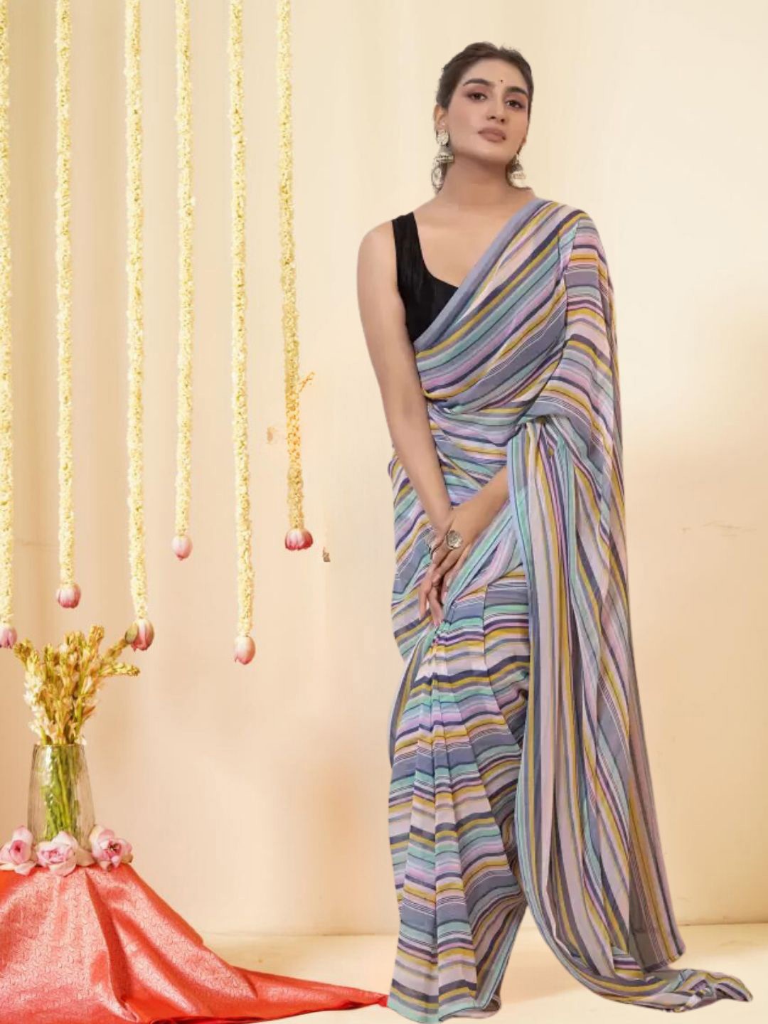 

KAZIA Striped Pure Georgette Ready to Wear Saree, Grey