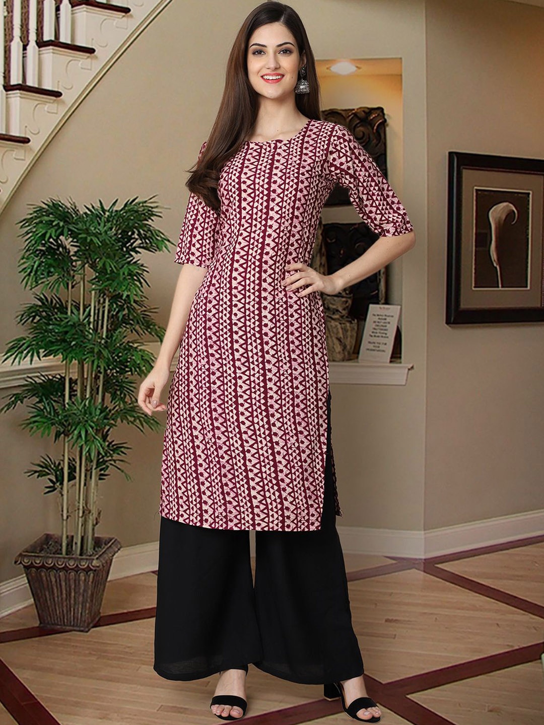 

7Threads Geometric Printed Crepe Straight Kurta, Purple