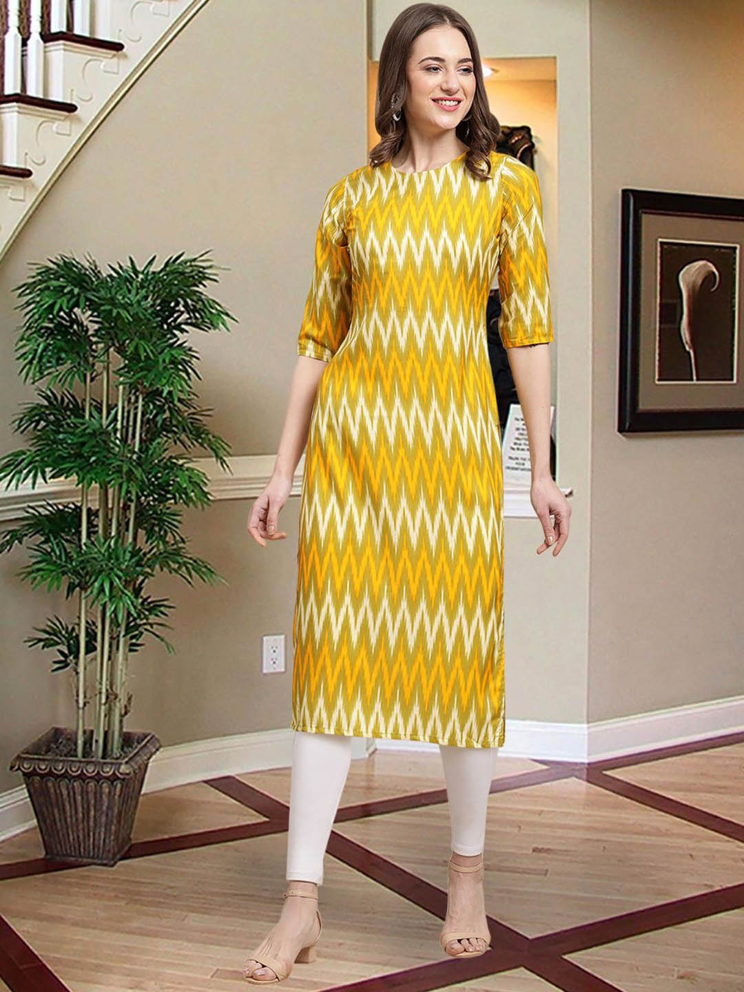 

7Threads Chevron Printed Crepe Straight Kurta, Yellow