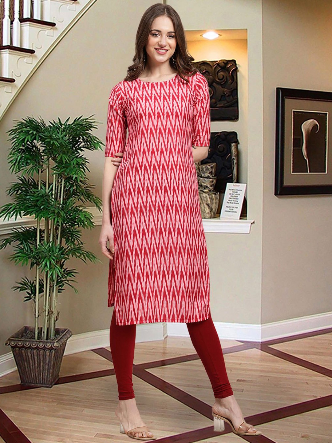 

7Threads Chevron Printed Floral Crepe Straight Kurta, Pink