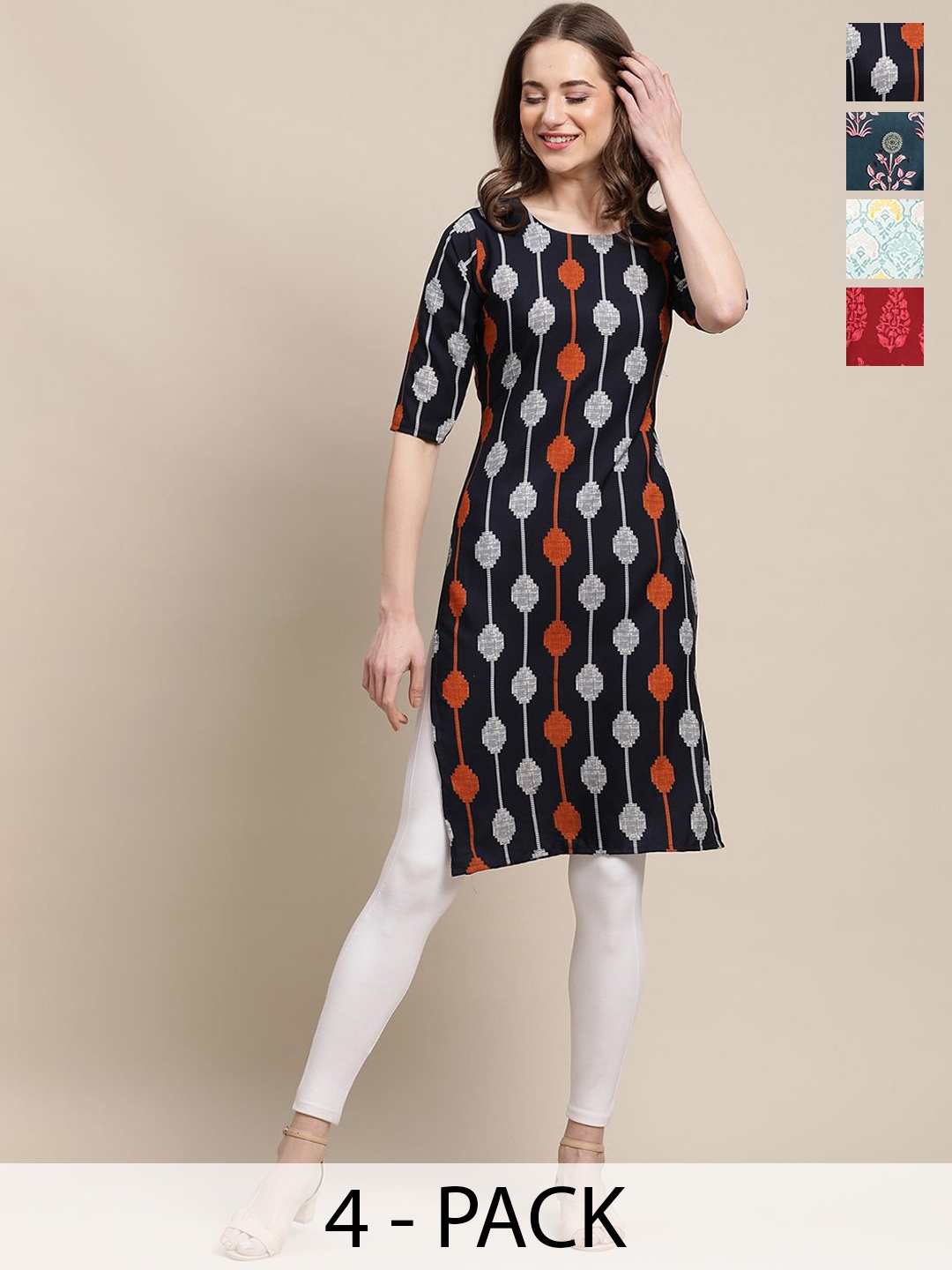 

7Threads Selection of 4 Geometric Printed Crepe Straight Kurtas, Black