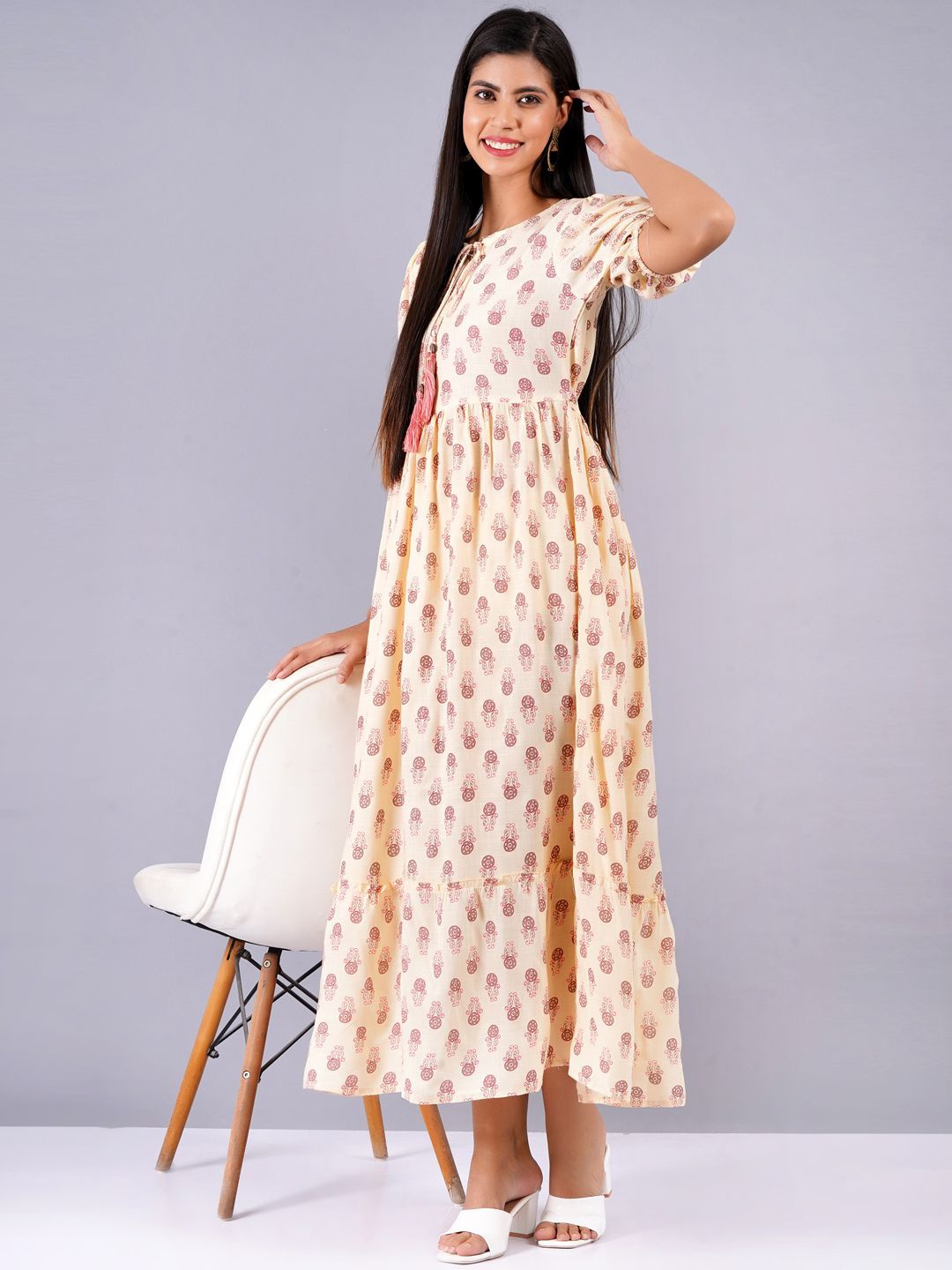 

HIGHLIGHT FASHION EXPORT Ethnic Motifs Printed Fit & Flare Midi Ethnic Dress, Peach