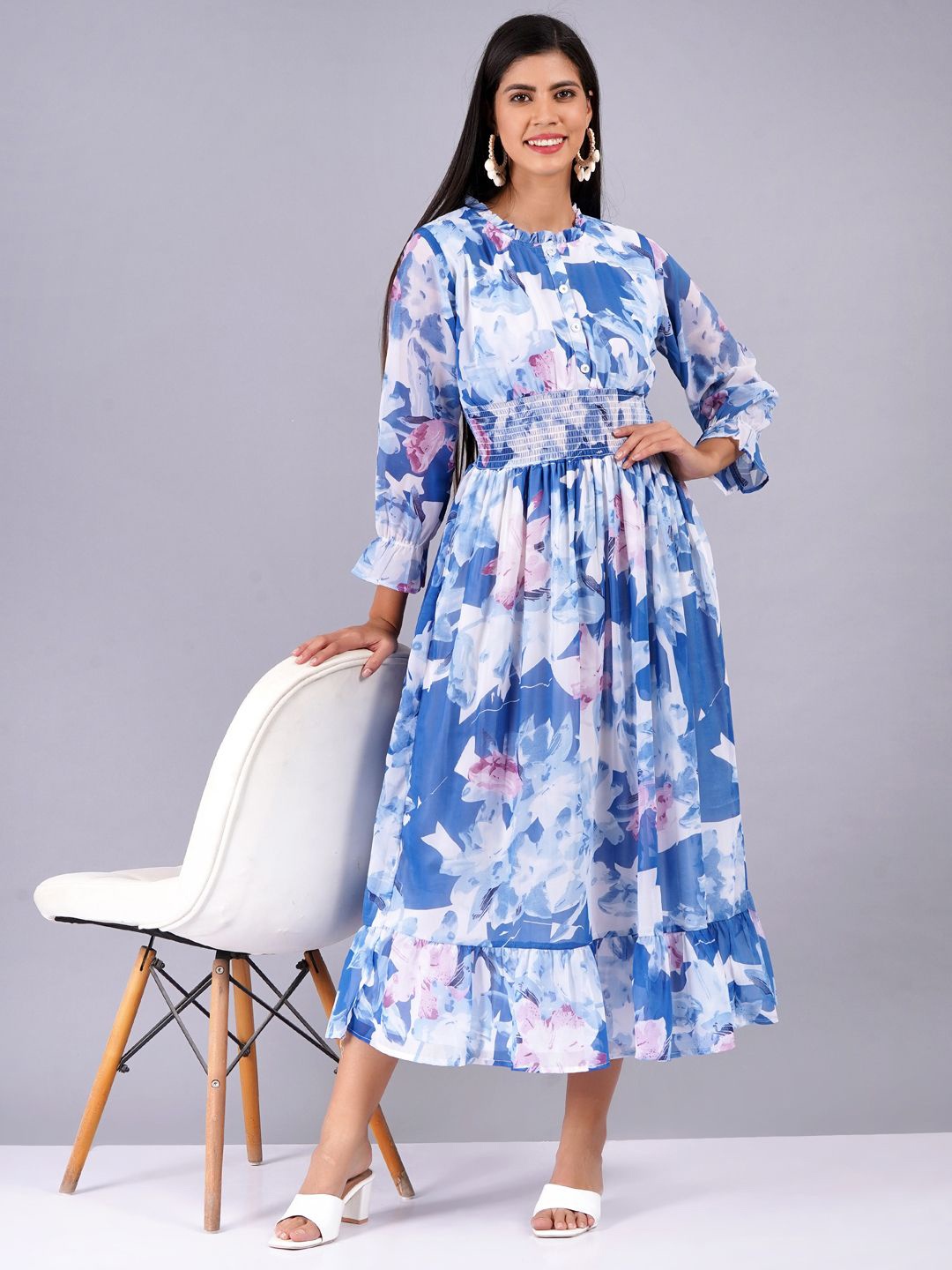 

BAESD Women Printed Tiered Fit & Flare Midi Dress, Blue