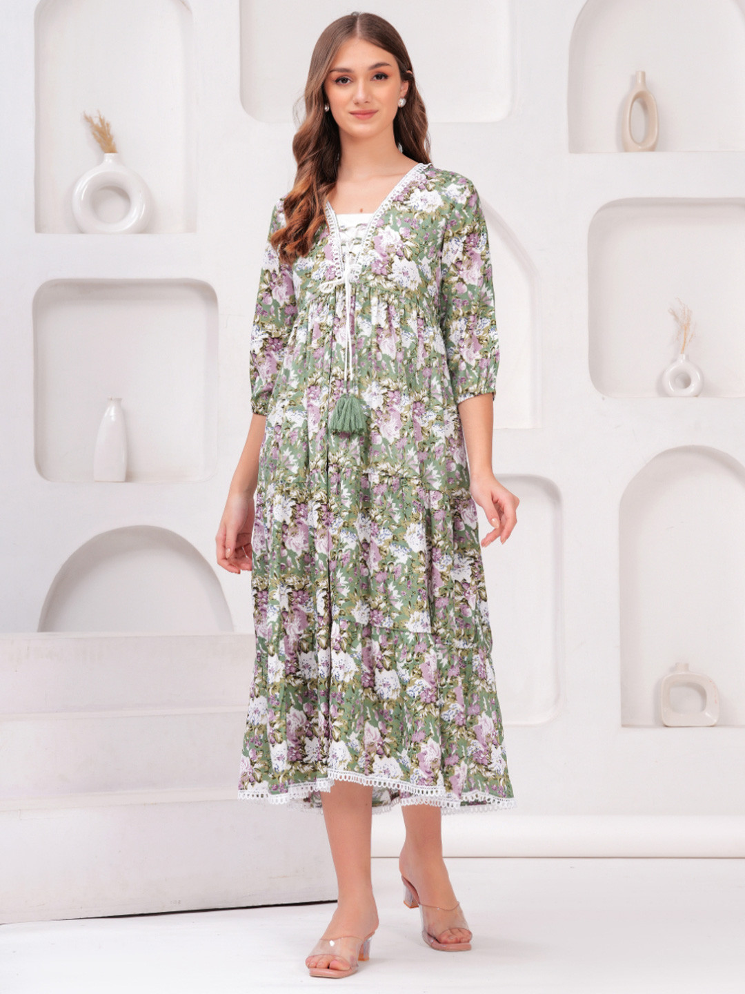 

HIGHLIGHT FASHION EXPORT Women Floral Printed Fit & Flare Midi Dress, Green