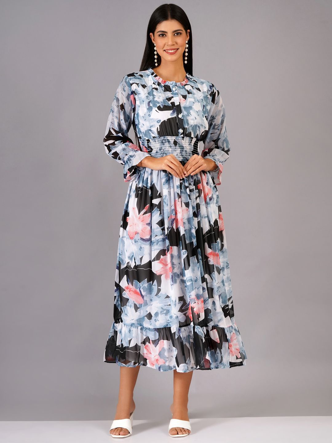 

BAESD Women Printed Tiered Fit & Flare Midi Dress, Black